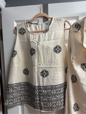 SHEIN Cream Set Tank Top with Black Printed Motif w/ wide leg flowy pant